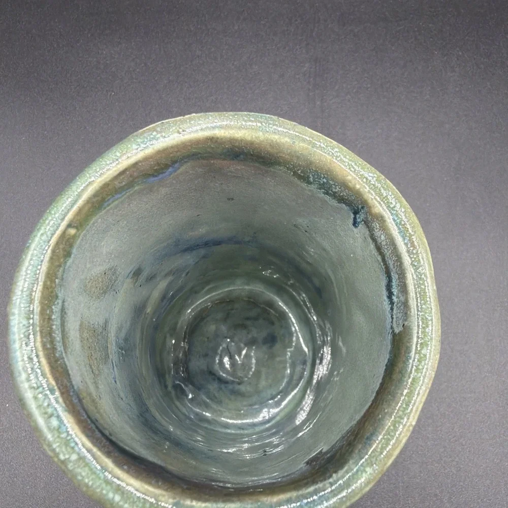 VTG Handmade Container Vase Pencil Toothbrush Holder Green Blue 5 In Tall